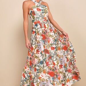 Lulus Lilja Cream Floral Print Maxi Dress Beige - Size XS